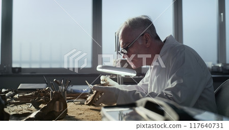 Senior paleoanthropologist examines prehistoric human bones, uses professional tools 117640731