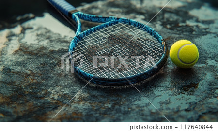 Tennis racket and ball resting on a weathered blue surface Tennis racket and ball resting on a weathered blue surface 117640844