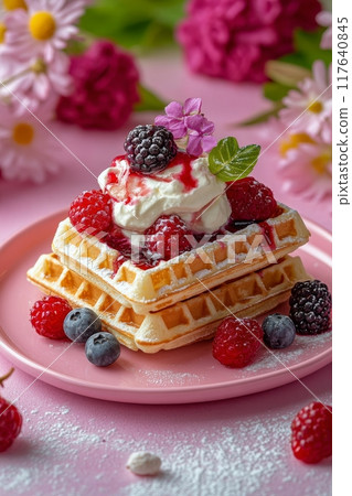Delicious waffles topped with raspberries and cream served on a pink plate in spring Delicious waffles topped with raspberries and cream served on a pink plate in spring 117640845