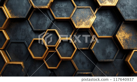 Modern hexagonal pattern with glowing golden edges and textured surfaces 117640937