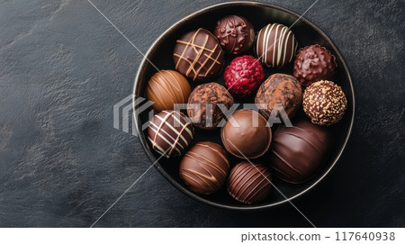 Assorted chocolate truffles arranged in a dark bowl on a textured surface Assorted chocolate truffles arranged in a dark bowl on a textured surface 117640938