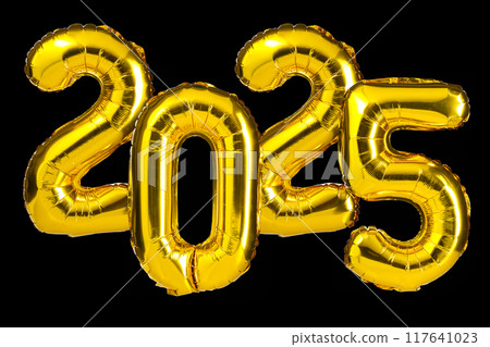 New Year 2025 celebration. Golden Yellow foil color balloons. 2025 balloons. Isolated black background 117641023