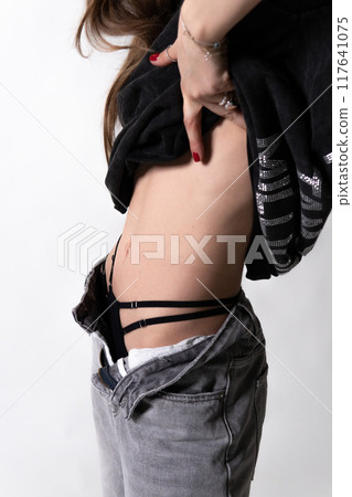 hair underpants model beauty face cap look hand lady background white portrait person hair underpants model beauty face cap look hand lady background white portrait person 117641075