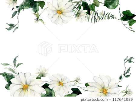 Watercolor floral invitation featuring flowers, buds and herbs. Hand-drawn composition of a plant bouquet on a white background. An outdoor illustration for design, printing or fabric background. Watercolor floral invitation featuring flowers, buds and herbs. Hand-drawn composition of a plant bouquet on a white background. An outdoor illustration for design, printing or fabric background. 117641089
