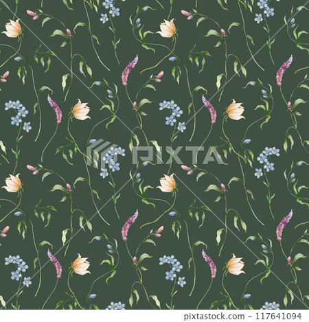 Watercolor seamless pattern of cosmos flower, forget-me-not and lavender. Hand painted floral composition isolated on dark green background. Flower illustration for interior design and background. 117641094