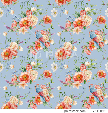 Watercolor floral seamless pattern of forget-me-not, ranunculi, peonies and song bird. Hand painted composition isolated on blue background. Flowers Illustration for interior design or print. Watercolor floral seamless pattern of forget-me-not, ranunculi, peonies and song bird. Hand painted composition isolated on blue background. Flowers Illustration for interior design or print. 117641095