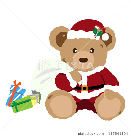 Illustration of a teddy bear dressed as Santa holding a bag with a hole in it and presents spilling out Illustration of a teddy bear dressed as Santa holding a bag with a hole in it and presents spilling out 117641104