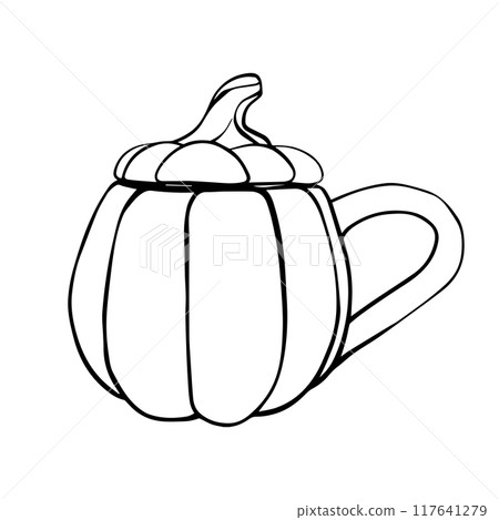 Mug in the shape of a pumpkin vector graphic drawing. Linear style cup illustration drawn with black ink. Autumn engraving for cards and greetings. Sketch in line art 117641279
