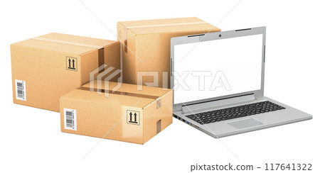 Laptop computer with parcels, 3D rendering Laptop computer with parcels, 3D rendering 117641322