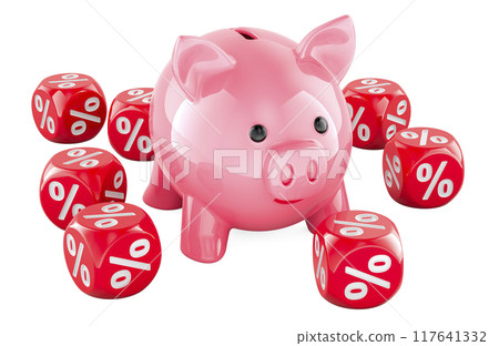 Piggy Bank with Discount Cubes, 3D rendering Piggy Bank with Discount Cubes, 3D rendering 117641332