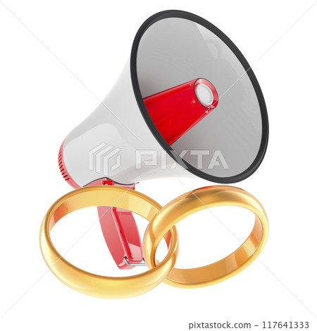 Golden wedding rings with megaphone, 3D rendering Golden wedding rings with megaphone, 3D rendering 117641333