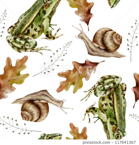 Frog, snail and oak leaf seamless pattern watercolor illustration 117641367