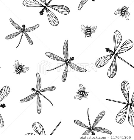 Seamless pattern with vector cute dragonflies and bumblebee. Hand painted linear insects. Graphic clipart isolated on background. Botanical and wedding illustration. For designers, invitations Seamless pattern with vector cute dragonflies and bumblebee. Hand painted linear insects. Graphic clipart isolated on background. Botanical and wedding illustration. For designers, invitations 117641509