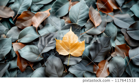 Single Golden Leaf Among Green and Brown Leaves Single Golden Leaf Among Green and Brown Leaves 117641518