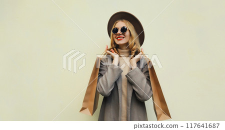 Autumn portrait of beautiful young woman with shopping bag, stylish girl in coat on brown background 117641687