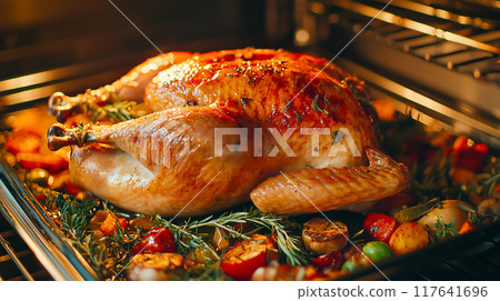 Roasted chicken with crispy skin and rich glaze Roasted chicken with crispy skin and rich glaze 117641696