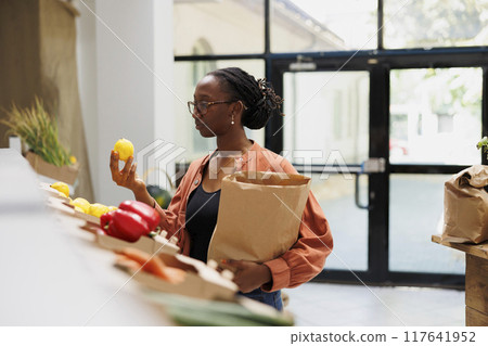 Young black woman holding fresh lemon and brown paper bag in eco friendly bio food shop. African american female customer examining freshly harvested produce in local convenience store. Young black woman holding fresh lemon and brown paper bag in eco friendly bio food shop. African american female customer examining freshly harvested produce in local convenience store. 117641952