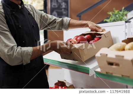 Store worker wearing black apron handles small crate of several red apples on a shelf in grocery store. Close-up of male vendor placing box of fresh fruits on white racks of eco friendly supermarket. Store worker wearing black apron handles small crate of several red apples on a shelf in grocery store. Close-up of male vendor placing box of fresh fruits on white racks of eco friendly supermarket. 117641988