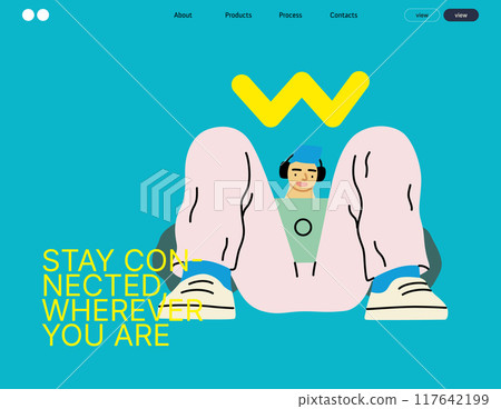 Creative workspace, modern flat vector concept illustration of a man working sitting with a computer with headphones Remote work, flexibility, independence, efficiency, mobility, synergy, freedom Creative workspace, modern flat vector concept illustration of a man working sitting with a computer with headphones Remote work, flexibility, independence, efficiency, mobility, synergy, freedom 117642199