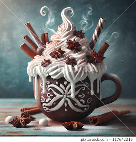 A steaming cup of hot chocolate topped with whipped cream, cinnamon sticks, star anise, and chocolate balls 117642216