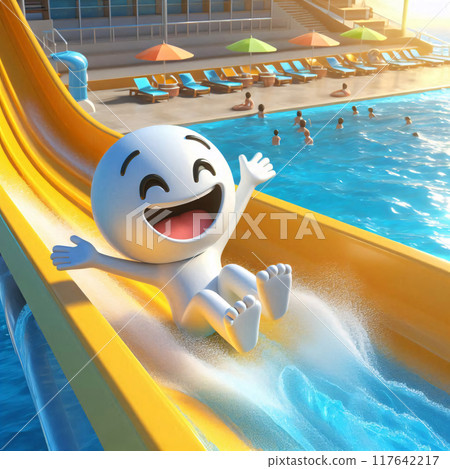 Smiling white character with arms raised slides down a yellow water slide 117642217