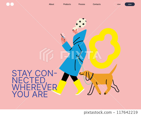 Creative workspace, modern flat vector concept illustration of a woman working on the phone walking with a dog Remote work, flexibility, independence, efficiency, mobility, synergy, freedom Creative workspace, modern flat vector concept illustration of a woman working on the phone walking with a dog Remote work, flexibility, independence, efficiency, mobility, synergy, freedom 117642219