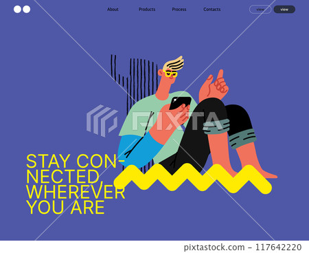 Creative workspace, modern flat vector concept illustration of a man working sitting with a computer under the tree Remote work, flexibility, independence, efficiency, mobility, synergy, freedom 117642220