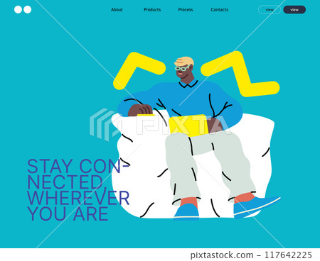 Creative workspace, modern flat vector concept illustration of a man working sitting on the armchair with a computer Remote work, flexibility, independence, efficiency, mobility, synergy, freedom Creative workspace, modern flat vector concept illustration of a man working sitting on the armchair with a computer Remote work, flexibility, independence, efficiency, mobility, synergy, freedom 117642225