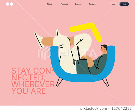 Creative workspace, modern flat vector concept illustration of a man working laying down with a computer Remote work, flexibility, independence, efficiency, mobility, synergy, freedom 117642232