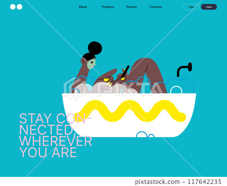 Creative workspace, modern flat vector concept illustration of a woman working sitting with a computer in a bath tube Remote work, flexibility, independence, efficiency, mobility, synergy, freedom Creative workspace, modern flat vector concept illustration of a woman working sitting with a computer in a bath tube Remote work, flexibility, independence, efficiency, mobility, synergy, freedom 117642235