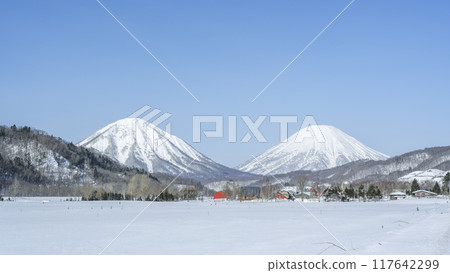 Winter ranch 16:9 Mt. Shiribetsu (left) Mt. Yotei (right) Kimobetsu Town Winter ranch 16:9 Mt. Shiribetsu (left) Mt. Yotei (right) Kimobetsu Town 117642299