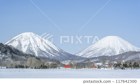 Winter ranch 16:9 Mt. Shiribetsu (left) Mt. Yotei (right) Kimobetsu Town Winter ranch 16:9 Mt. Shiribetsu (left) Mt. Yotei (right) Kimobetsu Town 117642300