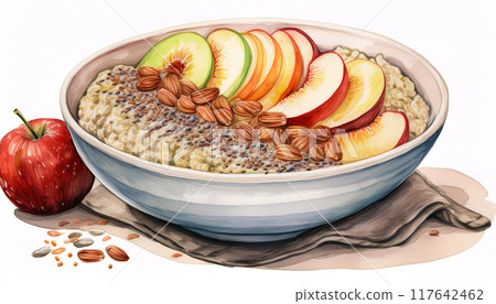 Vibrant illustration of a healthy oatmeal bowl with fresh fruits and nuts 117642462