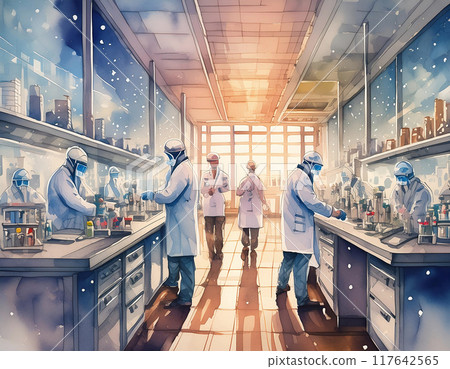 A futuristic lab with scientists at work 117642565
