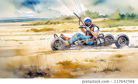 Watercolor of a person in a kart with a parachute on a sandy track 117642566