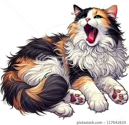 打呵欠的長毛三色貓 117642620