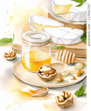 Watercolor illustration of a cozy breakfast scene with honey and cheese 117642707