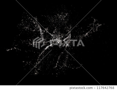 Splashing water to object make curve drop explosion in explosion motion. Black background isolated. Splatter Water splash hit on object to create shape form fluttering in droplet and wave 117642768