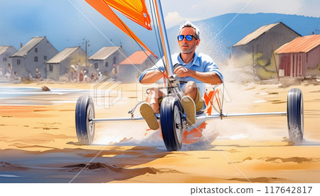 A vibrant beach scene features a person riding a land sailer A vibrant beach scene features a person riding a land sailer 117642817