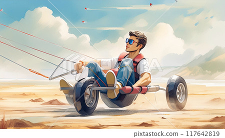 Stylish man rides a land kite buggy on a beach, enjoying the thrill of wind-powered speed against a scenic coastal backdrop Stylish man rides a land kite buggy on a beach, enjoying the thrill of wind-powered speed against a scenic coastal backdrop 117642819
