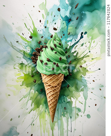 A watercolor-style illustration of a mint chocolate chip ice cream cone with splatters and drips on a white background 117642824