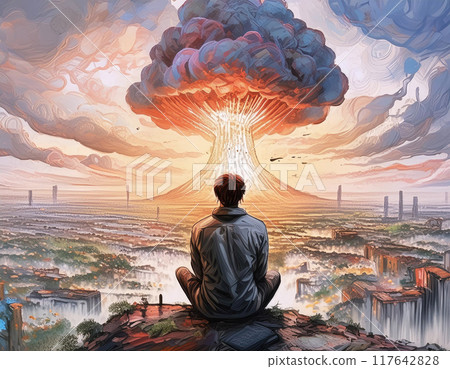 A man sits on a cliff overlooking a vast city with a towering explosion in the distance 117642828