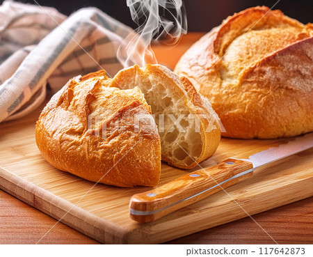 Freshly baked crusty bread on a wooden board with steam rising 117642873