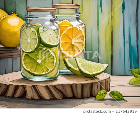 Two glass bottles filled with lemon and lime infused water, garnished with mint, on a rustic wooden table Two glass bottles filled with lemon and lime infused water, garnished with mint, on a rustic wooden table 117642919