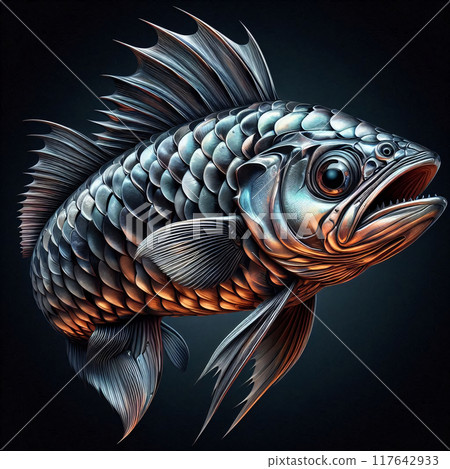 A metallic fish with sharp fins and scales gleams in the dark 117642933