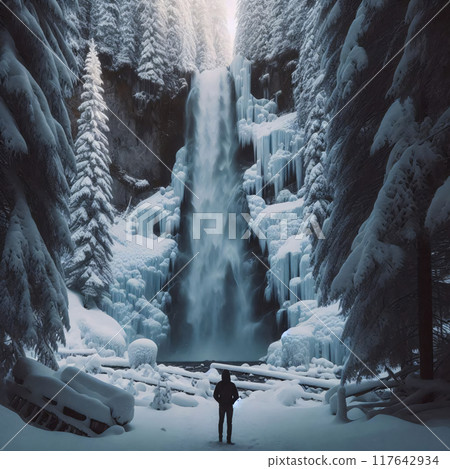 A solitary figure stands before a majestic frozen waterfall, surrounded by snow-laden trees 117642934