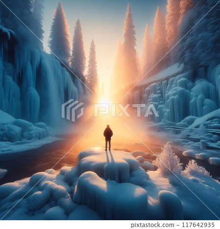 A lone figure stands in awe of a majestic frozen waterfall illuminated by the rising sun 117642935