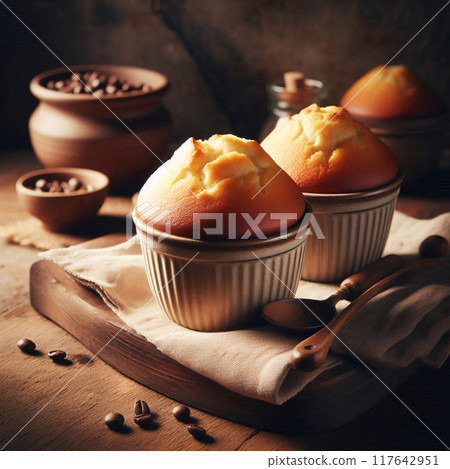 Warm, freshly baked muffins in ceramic ramekins on a wooden table 117642951