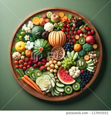 A colorful wooden platter overflows with fresh fruits, vegetables, and nuts 117643032