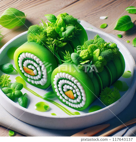Vibrant veggie sushi rolls adorned with edible plants, a feast for the eyes 117643137